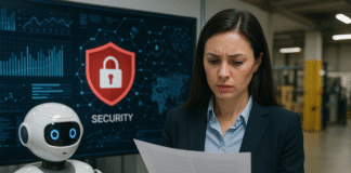 Smart Tech: Why Operational Protection Is the Next Business Frontier Concerned woman reading about operational protection, with robot in background