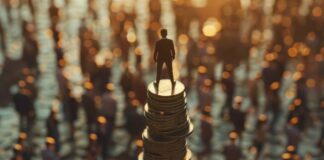 What are the Risks of Raising More Capital Than Needed? Raising more capital for startup, shown with man standing on tower of money
