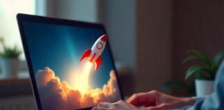 7 Facts About Starting Up A Small Business You Might Not Know person on laptop starting up a business with rocket on screen