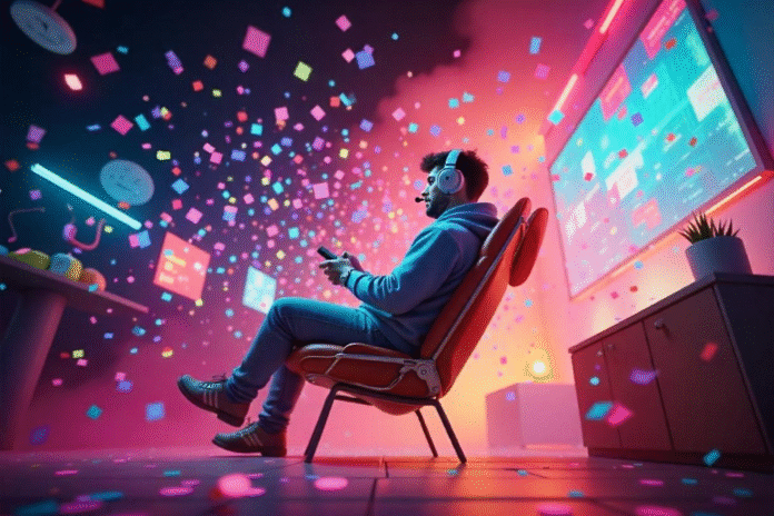 man playing video games using top-up deals, in a room with confetti