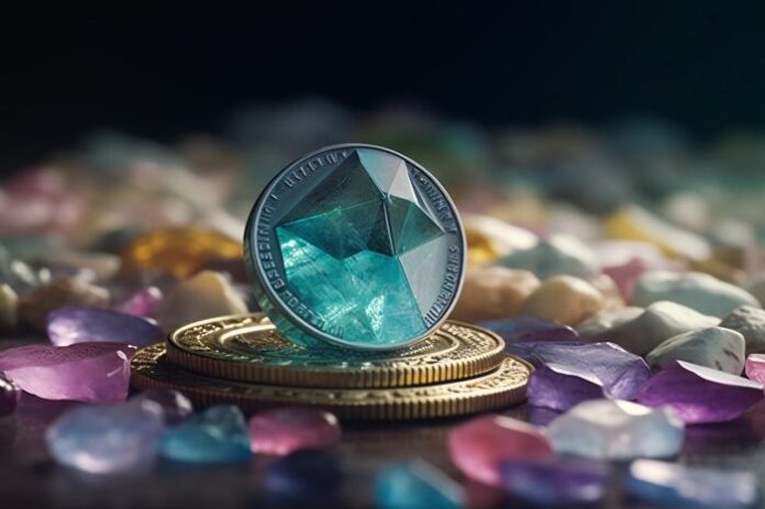 crypto exchange platform graphic with jewels and coins