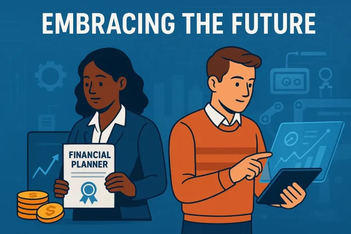 Financial planner and engineer with tech backdrop. (1)