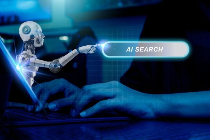 robot reaching out of the laptop screen representing AI search engine