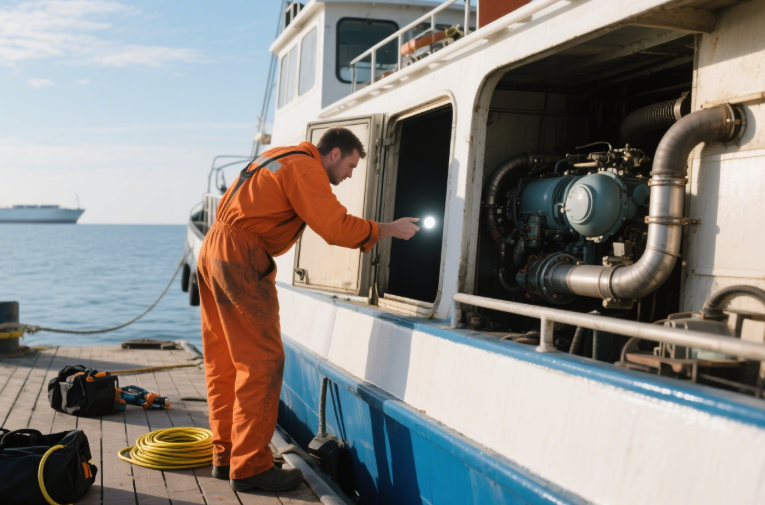 person examining marine engine technology