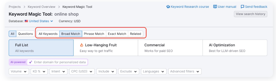 semrush keyword magic tool filtering