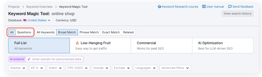 semrush keyword magic tool filtering on best match