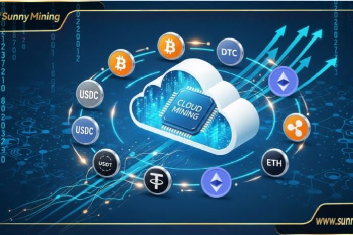 Cloud Mining showing crypto coins with passive income