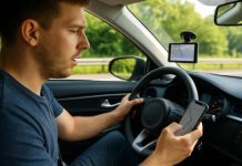 How Technology Both Causes and Solves Distracted Driving a-man-driving-car-looking-at-mobile-phone
