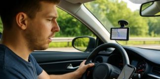 How Technology Both Causes and Solves Distracted Driving a-man-driving-car-looking-at-mobile-phone