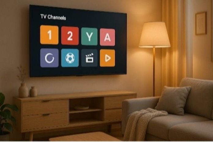 A-user-browsing-a-simple-smart-Nordic-IPTV-interface-on-their-living-room-TV.