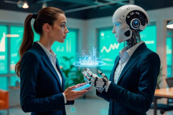 humanoid displaying a hologram to a human using agentic ai systems