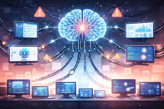 Futuristic-AI-brain-in-control-room Futuristic AI brain in control room