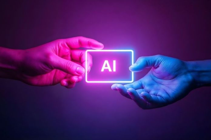 ai-integration-2026 two human hands holding a colorful neon AI light representing AI integration