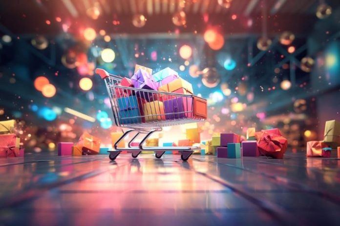 ecommerce-3-11-2024 shopping cart with packages in and around the cart representing the ecommerce marketplace