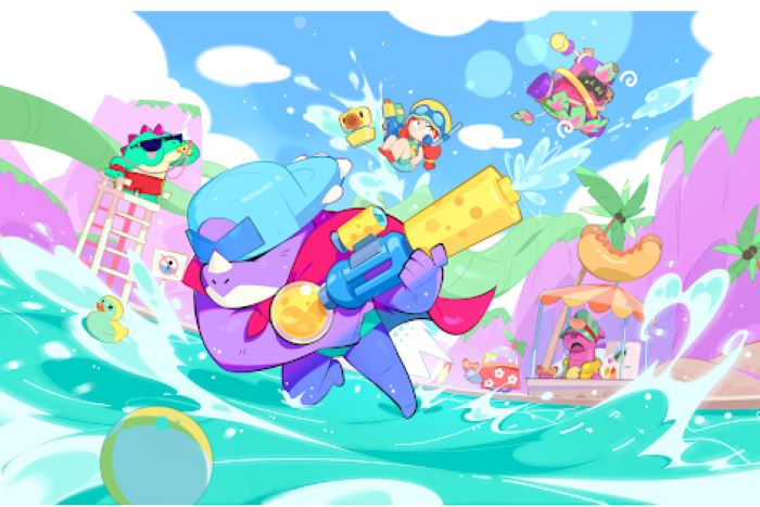 Illustration of Pierce, a purple dinosaur sniper and one of the Brawl Stars new brawlers in Update 65, holding a water gun in a summer pool scene