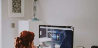 Compact Tech for Hybrid Work and Digital Nomads woman using PC