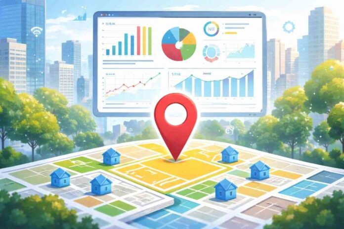City map with digital analytics display