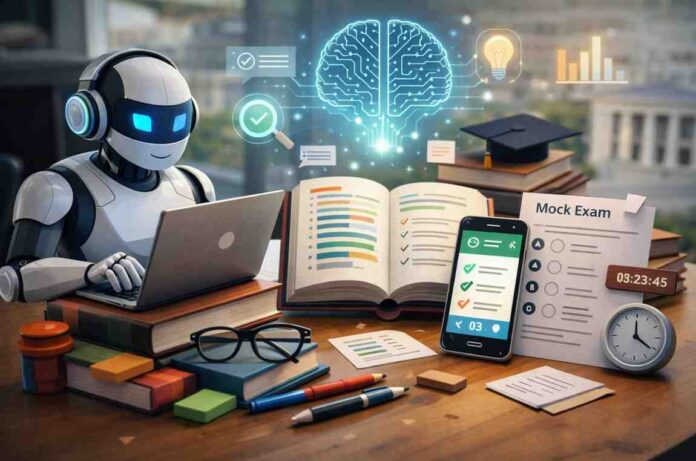 Robot studying in a modern classroom