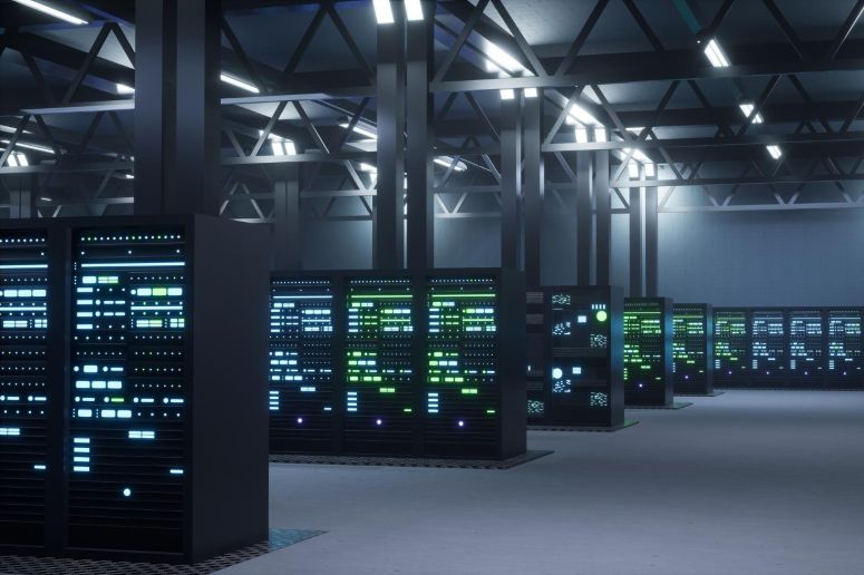picture of a large illuminated AI data center