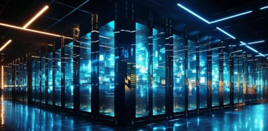 The AI Data Center Boom: New Ideas, Money, and Problems on the Way picture of a large illuminated AI data center
