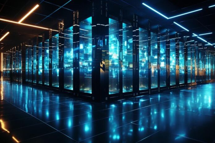 ai-data-center-49-2026 picture of a large illuminated AI data center