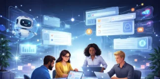 Top AI Team Messengers for 2026 Futuristic office with AI collaboration tools