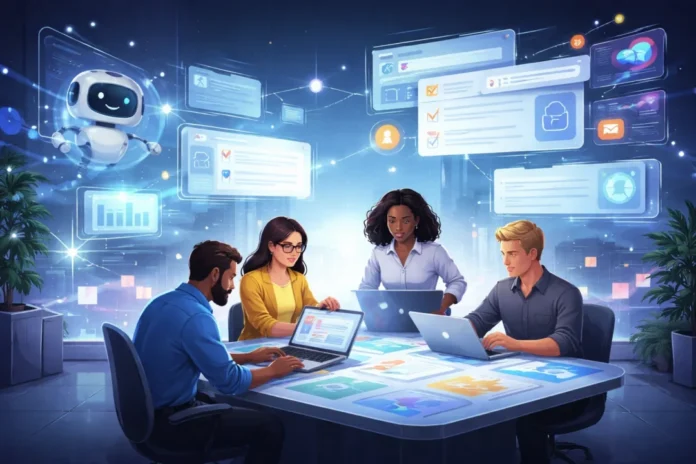 Futuristic office with AI collaboration tools