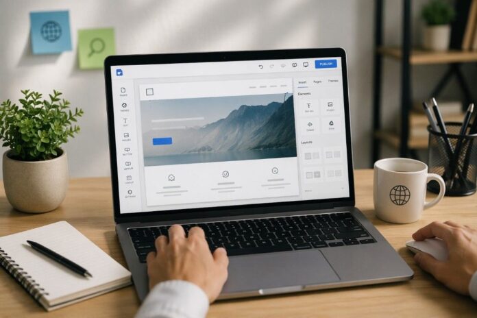 Modern workspace with website editor