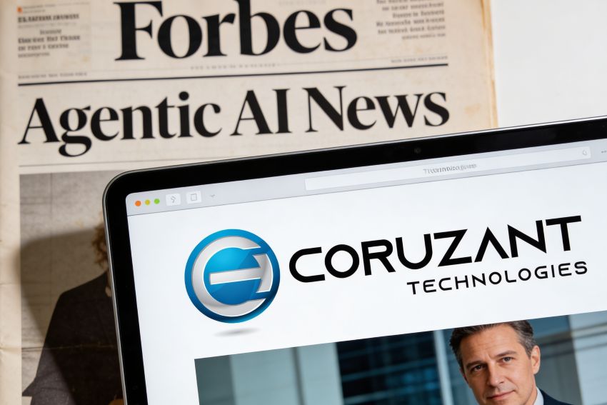old Forbes newspaper versus digital tablet with Coruzant Technologies featuring agentic AI news