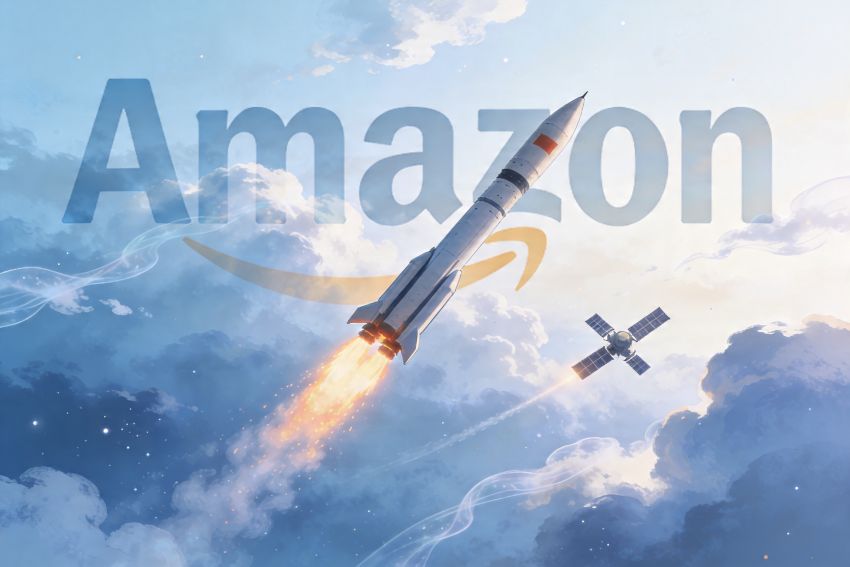 image of a satellite and rocket representing the Amazon Globalstar acquisition