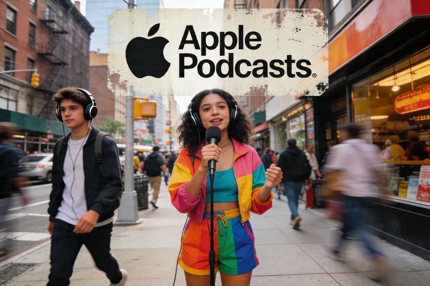 speaking podcast host on a busy city sidewalk with Apple Podcasts