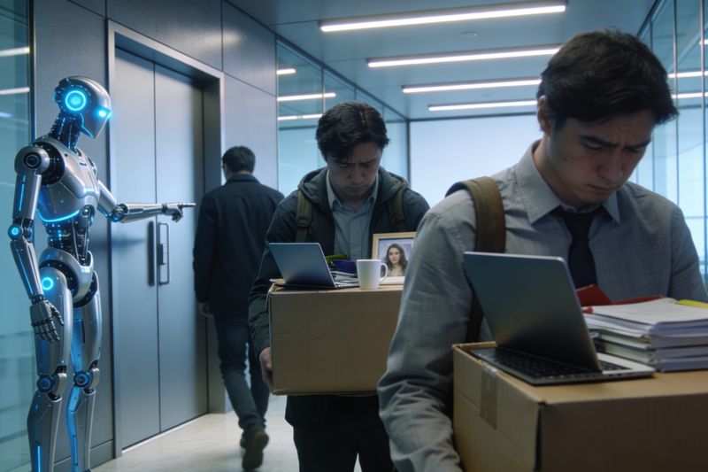 Autonomous AI Agents or robots escorting human workers out of the building