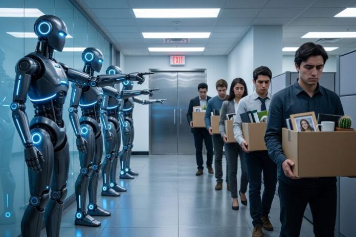 autonomous-ai-agents-bots-2026-44 Autonomous AI Agents or robots escorting human workers out of the building
