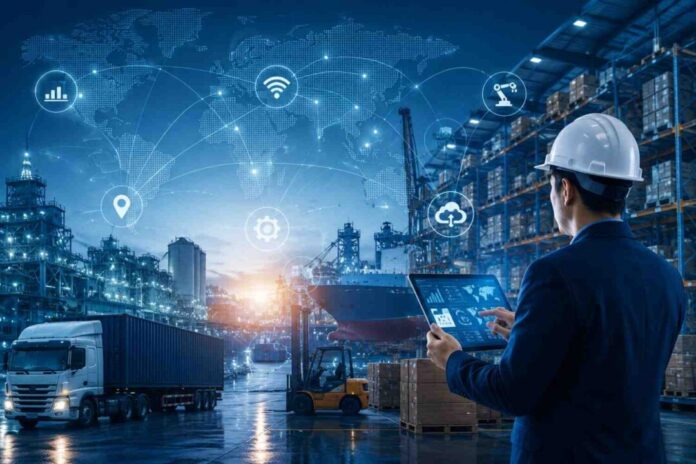 Futuristic-logistics-hub-with-digital-overlay