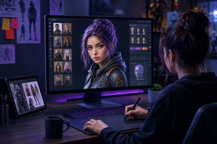 Futuristic workspace for character design