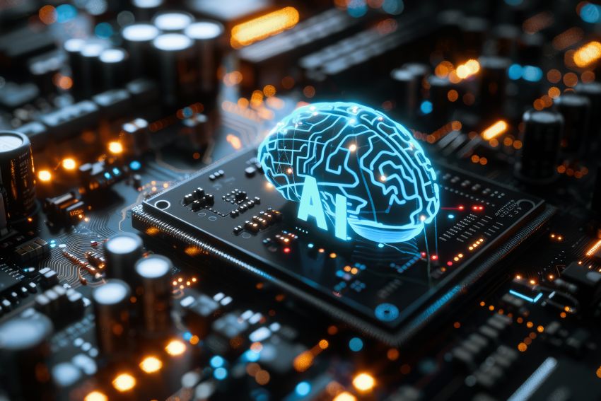 A hologram of an AI brain sitting on a processor chip on a circuit board in the AI Era