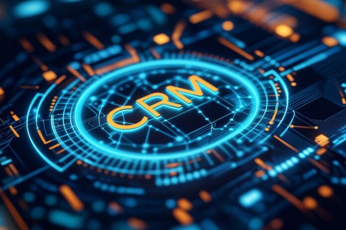 ai-native-crm-2026-22 Digital representation of an AI-Native CRM on a circuit board