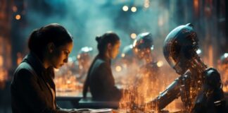 What Is Generative AI in Business? human and generative AI robot working together at a desk