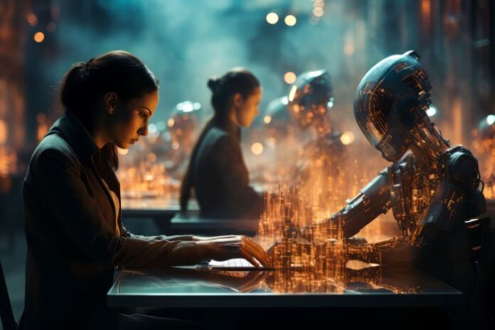 generative-ai-in-business human and generative AI robot working together at a desk