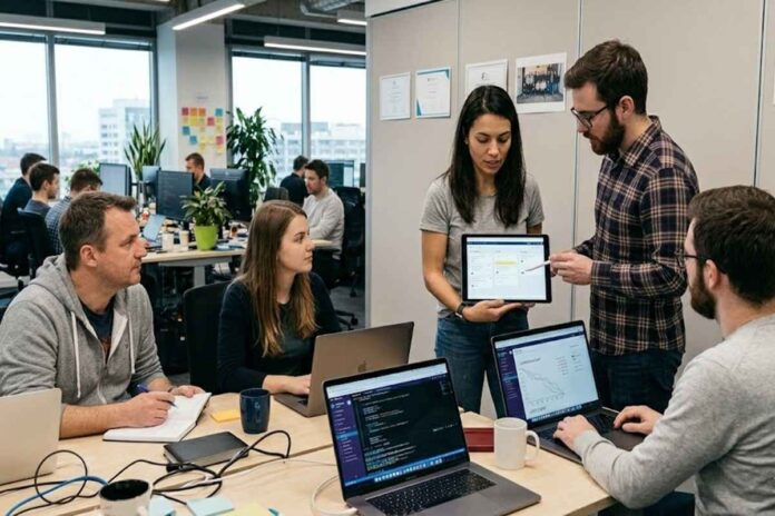 a group of people using laptop