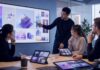 How AI Image Generation Reshapes Visual Content Workflows marketing workflows: A tech marketing team reviews AI-generated campaign visual concepts on a large monitor and tablets.