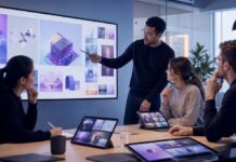 How AI Image Generation Reshapes Visual Content Workflows marketing workflows: A tech marketing team reviews AI-generated campaign visual concepts on a large monitor and tablets.
