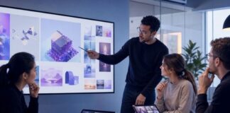 How AI Image Generation Reshapes Visual Content Workflows marketing workflows: A tech marketing team reviews AI-generated campaign visual concepts on a large monitor and tablets.