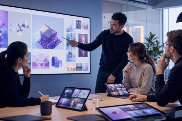marketing workflows marketing workflows: A tech marketing team reviews AI-generated campaign visual concepts on a large monitor and tablets.