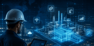 Beyond the Process Map: Deep Operational Visibility with Digital Twins Futuristic industrial dashboard interaction