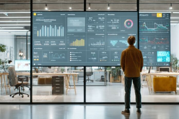 analyzing-big-data-dashboard-large-office-screen commercial screen setup in office