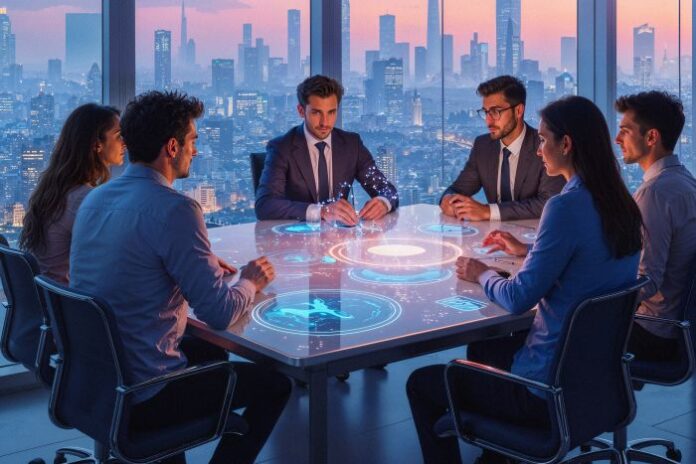 business-team-meeting-modern-office-with-city-view executives demonstrating their expertise