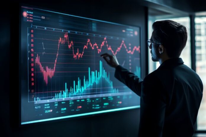 businessman-interacting-with-futuristic-graphics man using quant ai to analyze market trends