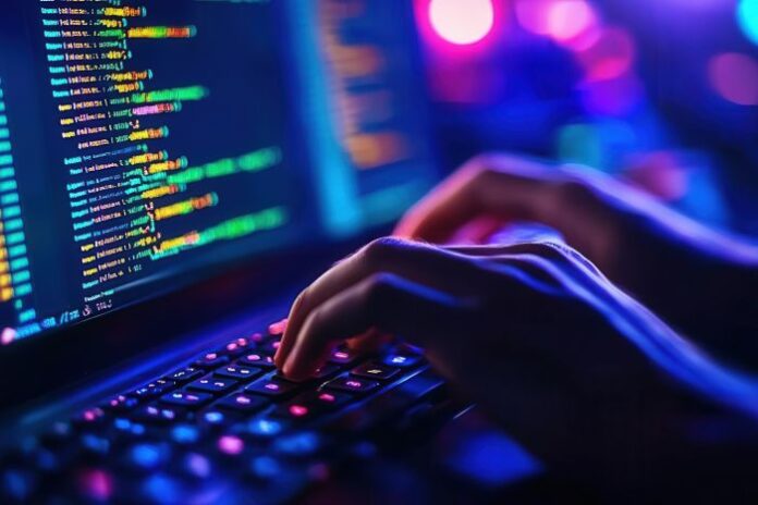 closeup-hands-typing-laptop-with-vibrant-code-displayed-screen-symbolizing-programming-technology programmer working with it leadership