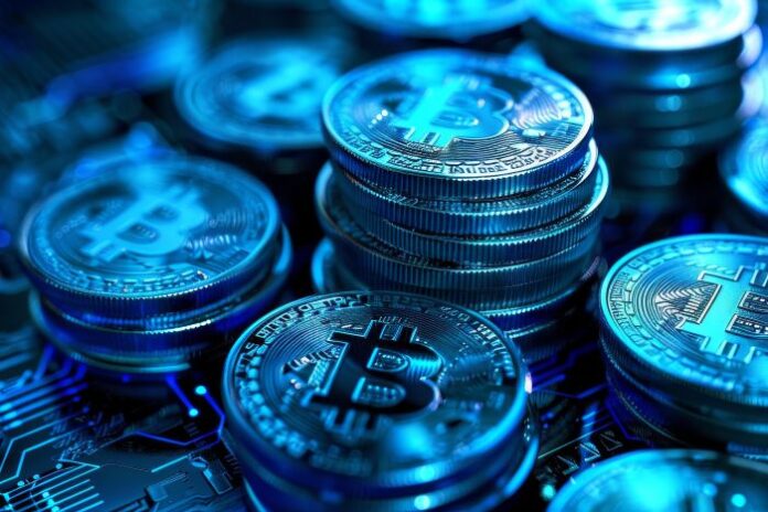 closeup-stacked-blue-cryptocurrency-coins close up of cryptocurrency